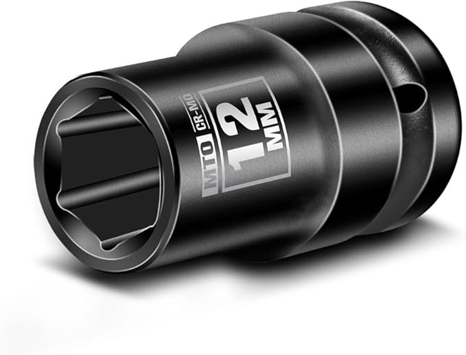 MTO 1/2" Drive 12mm Shallow Impact Socket, 6-Point Metric Socket, CR-MO Steel & Anti-Corrosion Coating for Tight Spaces and Heavy-Duty Tasks