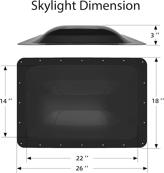 XMK RV Skylight Replacement,18"x26" Outer Dome Skylight Fits 14"x22" Openings,Camper RV Skylight Cover for Shower Roof Dome Trailer Fifth Wheel Food Truck Motorhome, Impact Resistant, Black