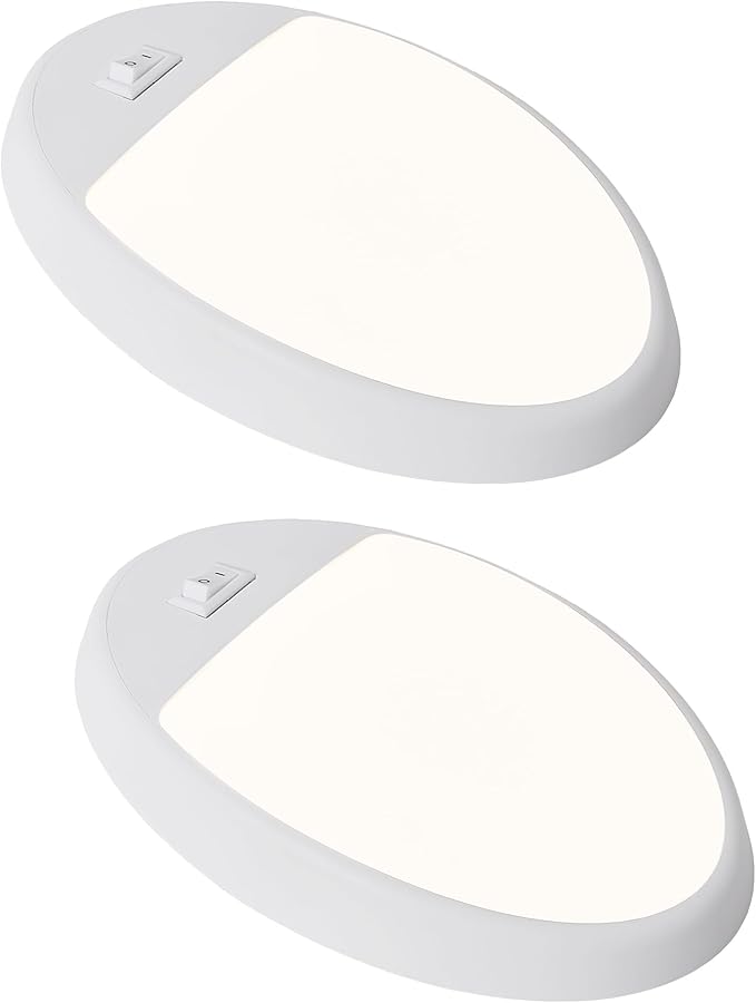 Facon 2-Pack 12V DC RV Ceiling Dome Light with On/Off Switch - 4000K Cool White, Small Oval Pancake RV Puck Light for RVs, Motorhomes, Campers & Boats, ETL Listed
