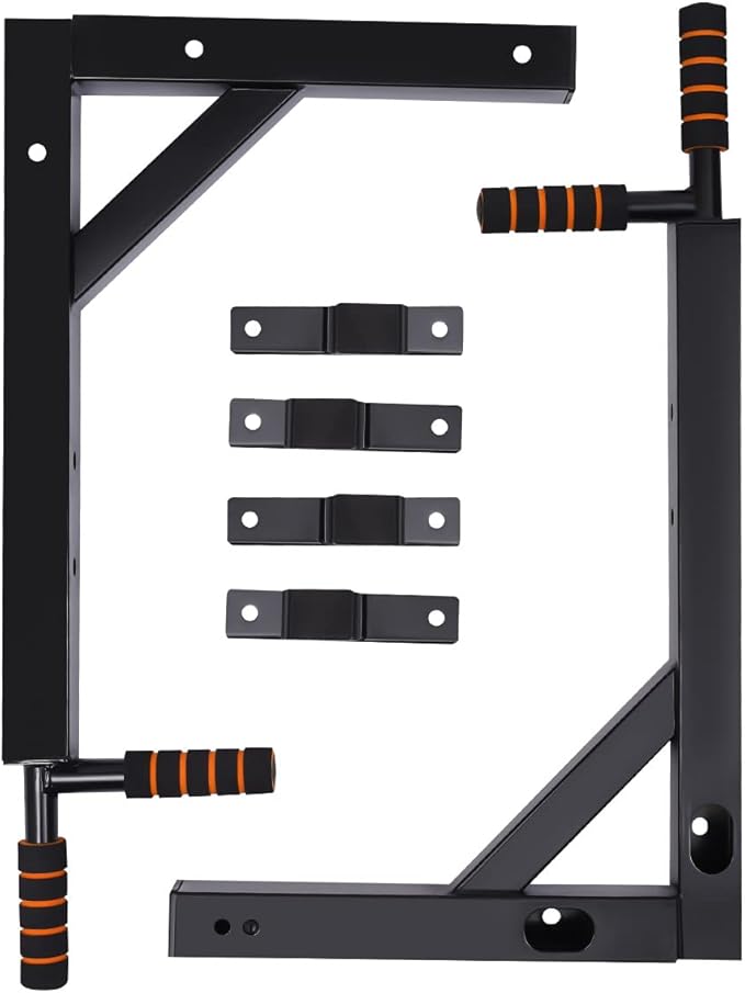 Wall Mounted Pull Up Bar, Adjustable Dip Station with PU Backrest & Anti-Slip Grips, Heavy Duty 440lbs Capacity Chin Up Bar for Home, Gym