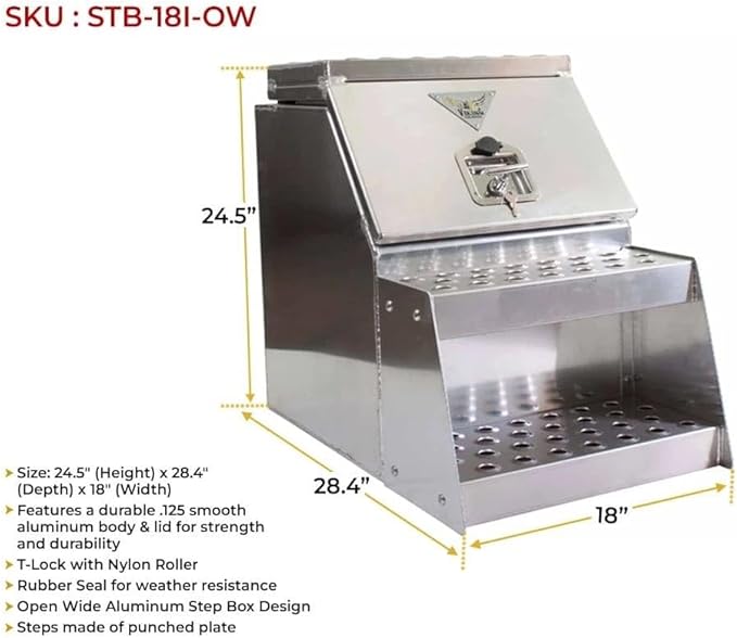 Mytee Products 24.5"x28.4"x18" Aluminum Side Mount Semi Truck Tool Box with Saddle Step Open Wide Design & T-Handle Latch Lock - Heavy Duty Weather Tight Step Tool Box for Flatbed Trailer