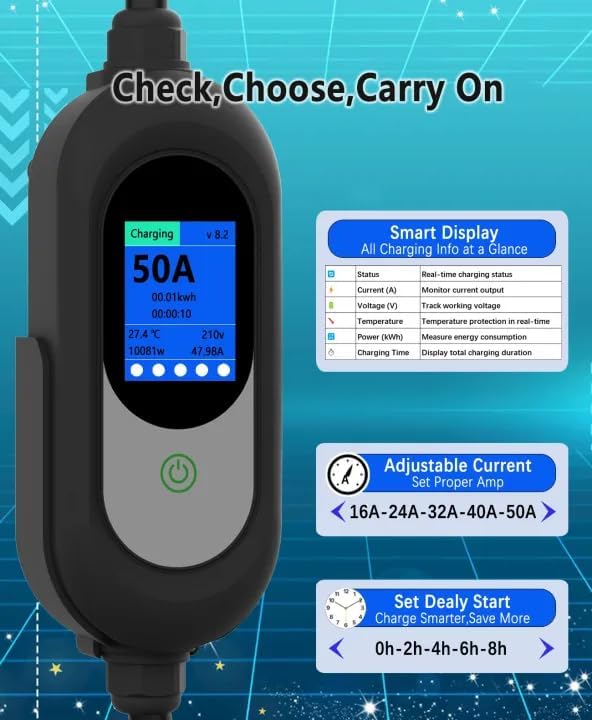 Level 2 EV Charger, 50 Amp, 240V, NEMA 14-50P Plug, 25FT Portable Electric Vehicle Charger for SAE J1772 Cars, Adjustable Current & Delay Timer, Fast Charging and Convenient for Home Use and Road Trip