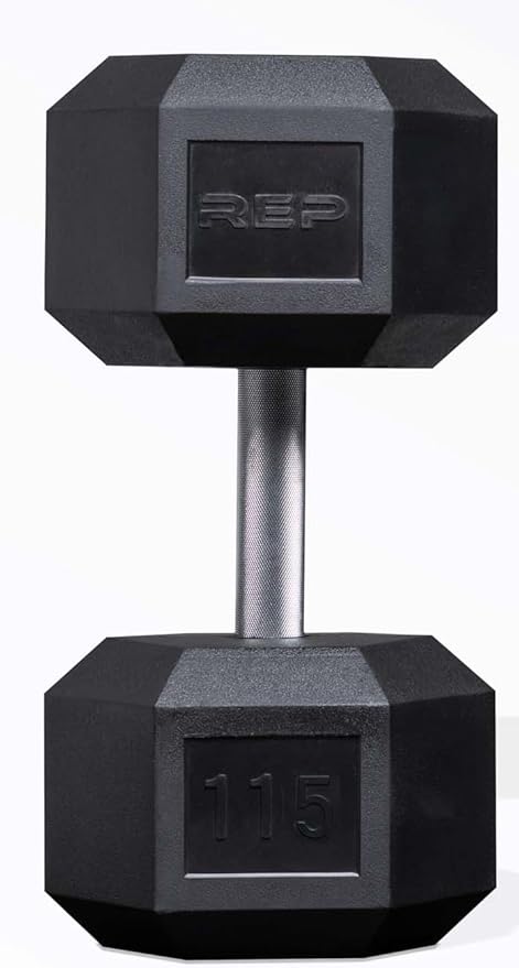 Rep Fitness Rubber Hex Dumbbell(s) - Singles (55LB +) and Pairs (5LB - 50LB) - Low Odor, Fully Knurled Handle