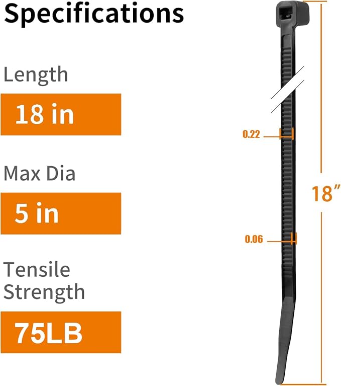 100 PCS 18 inch White Zip Ties Heavy Duty, 75LBS Tensile Strength, Self-Locking Heavy Duty UV Resistant Cable Ties for Indoor and Outdoor