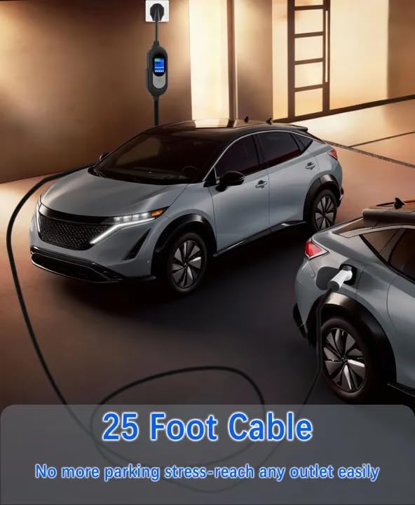 Level 2 EV Charger, 50 Amp, 240V, NEMA 14-50P Plug, 25FT Portable Electric Vehicle Charger for SAE J1772 Cars, Adjustable Current & Delay Timer, Fast Charging and Convenient for Home Use and Road Trip