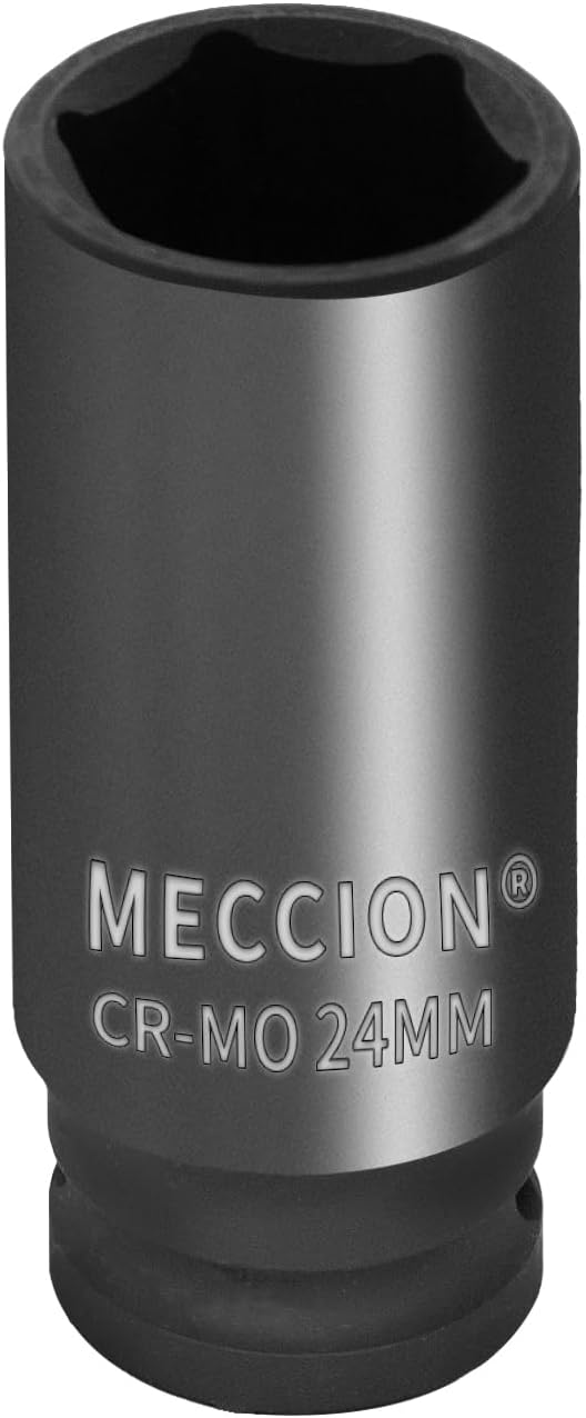 Meccion 1/2 Inch Drive Impact Socket 24mm Metric, 6 Point Cr-Mo Deep Impact Socket, 78mm Length