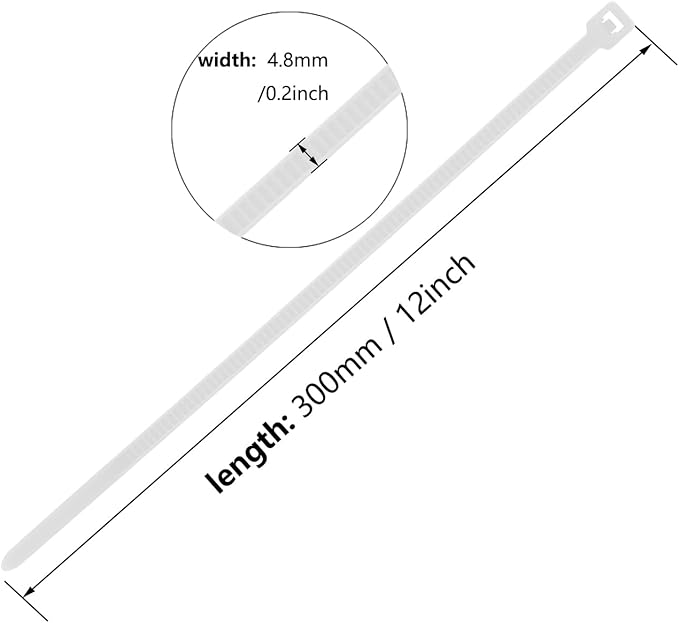 12 Inch Zip Ties White 1000 PCS, 50 Lbs- Heavy Duty Tensile Strength, Nylon PA66 UV Resistant Cable Ties for Indoor and Outdoor Use - Ideal for object bundling and fastening