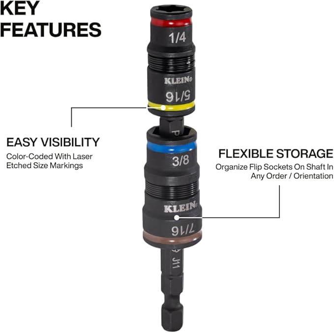 Klein Tools 32932 5-in-1 SAE Impact Socket Set, 2 Flip Sockets with 1/4, 5/16, 3/8, 7/16 Nut Driver Sizes and 1/4-Inch Bit Holder, Impact Rated 3-1/2-Inch Shaft