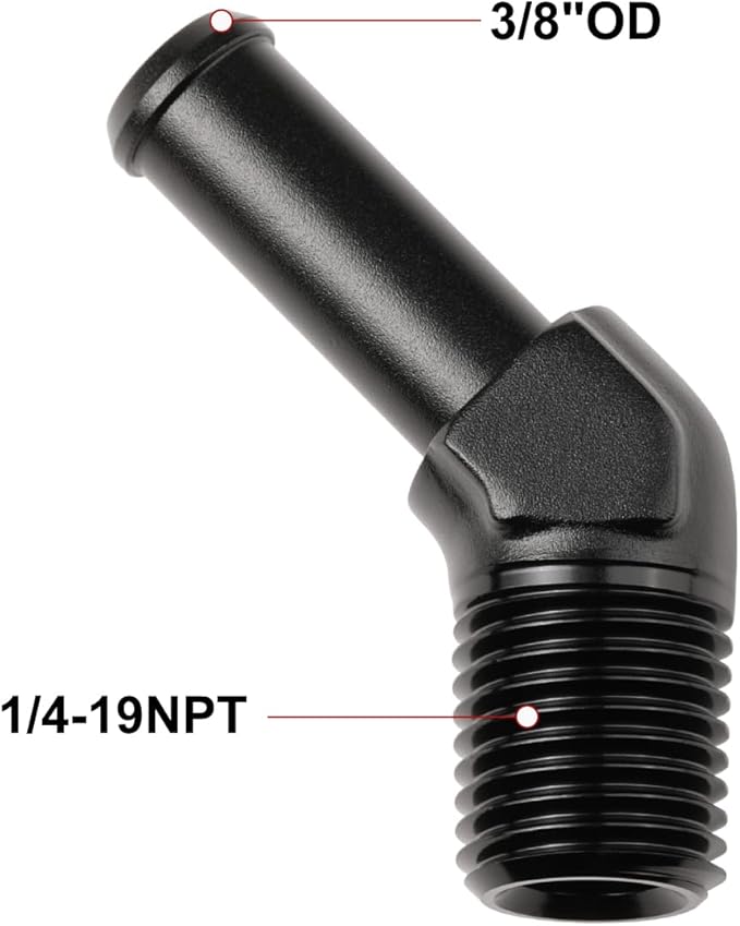 1/4 NPT Male to 3/8" Hose Barb Fitting Adapter 45 Degree Elbow Aluminum Black