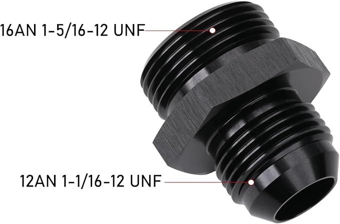 12AN Male Flare to 16AN ORB O-ring Boss Fuel Pump Rail Adapter Fitting Aluminum Black