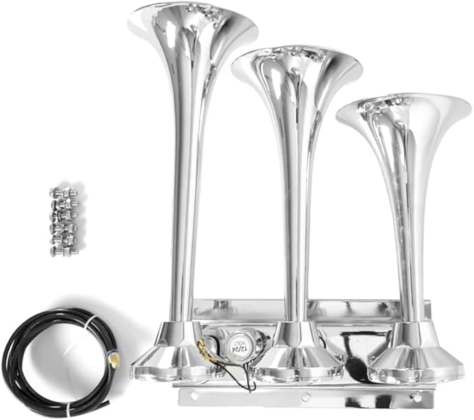 12V/24V Universal Truck Air Horn Kit, 16.5" Big Chrome Train Horn with 150dB Loud Sound, 3 Trumpet Horns for Car, Boat, Truck
