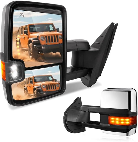 DWVO Towing Mirror Set of 2 Fits for 2007-2013 Chevy Silverado/Sierra/Tahoe/Suburban, Side Mirror with Power-Heated, LED Signal & Foldable Design, Direct Fit Rear View Mirror, Black