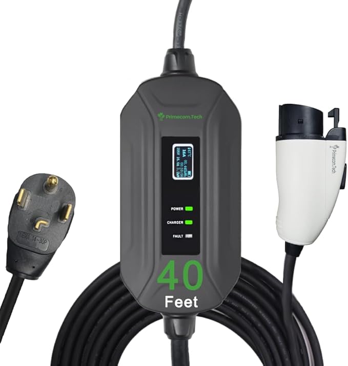 PRIMECOM Level 2 Electric Vehicle (EV) Charger (220V / 240Volt, 16Amp) Portable EVSE Smart Electric Car Charger, 30', 40', and 50 Feet Lengths (14-30P, 40 Feet)