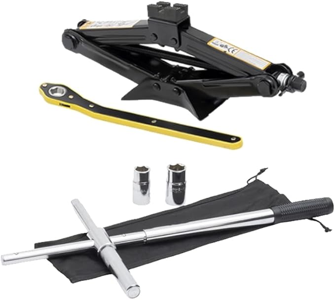 Modern Spare Tire Changing Kit for Dodge Challenger – Proprietary Scissor Jack Design with Dodge-Specific Jack Head & High-Leverage Cross-Wrench System for Easy Storage