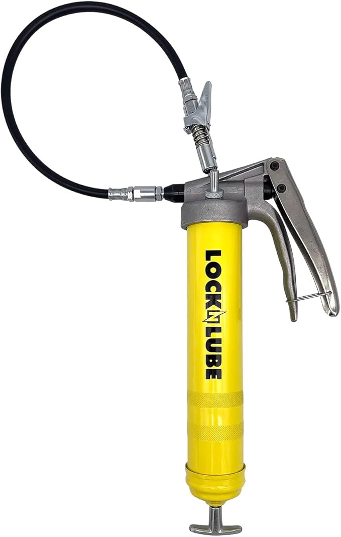LockNLube Premium Pistol-Grip Grease Gun. Includes our patented LockNLube® Grease Coupler (locks on, stays on, won't leak!) plus a high-quality 20" hose and in-line hose swivel.