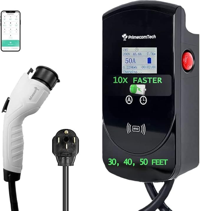 50 Amp - PRIMECOM.TECH Level-2 Smart Electric Vehicle Home Charging Station 220 Volt for Tesla and All EV Brands 30' Feet Length (40 Feet, NEMA 14-50p)