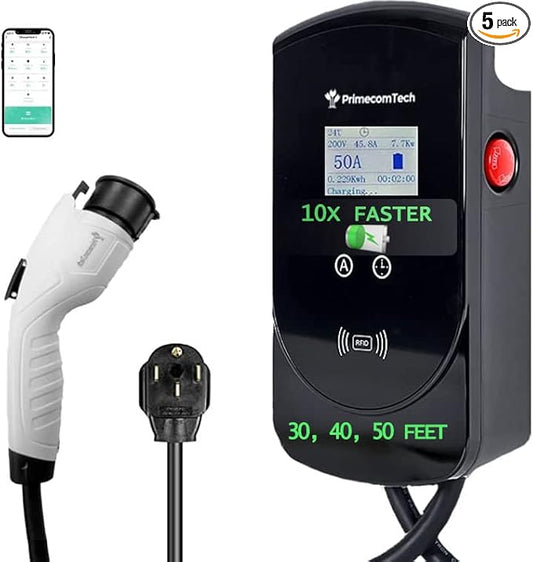 50 Amp - PRIMECOM.TECH Level-2 Smart Electric Vehicle Home Charging Station 220 Volt for Tesla and All EV Brands 30' Feet Length (40 Feet, NEMA 14-50p)