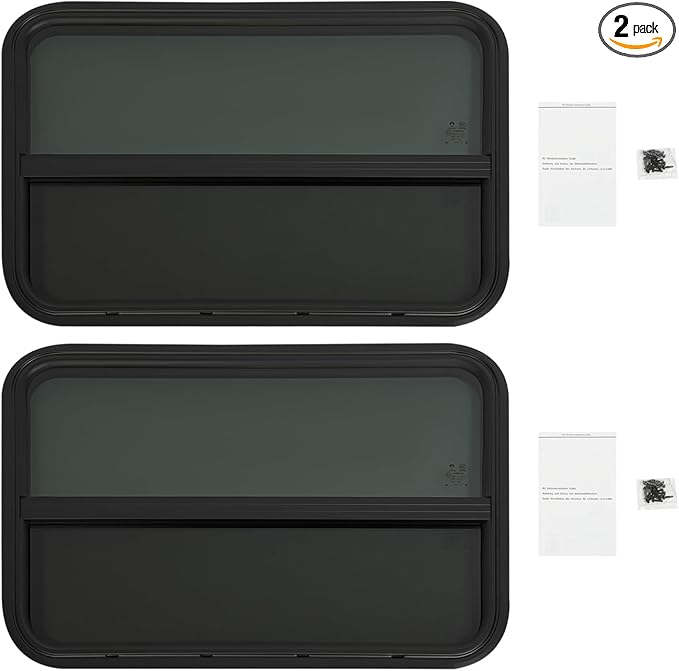 2 Pack 30" W x 20" H RV Window Vertical Sliding, DOT Certified - Shatterproof Tempered Tinted Glass, with Net Screen and Trim Ring, Teardrop Replacement Trailer Camper Window