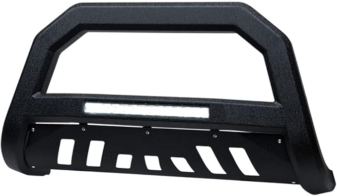 Textured Black AVT Style Aluminum LED Light Bull Bar Brush Push Front Bumper Grill Grille Guard with Skid Plate Compatible with 05-07 Jeep Grand Cherokee / 06-10 Commander