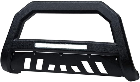 Textured Black AVT Style Aluminum LED Light Bull Bar Brush Push Front Bumper Grill Grille Guard with Skid Plate Compatible with 05-07 Jeep Grand Cherokee / 06-10 Commander