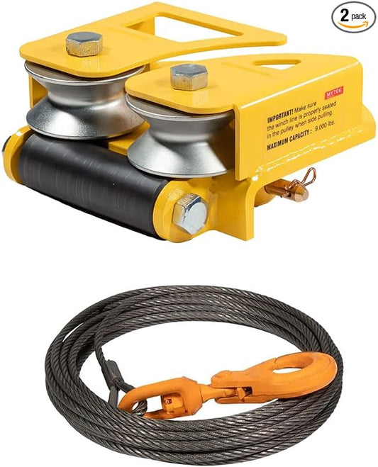 Mytee Products 1 Pack Steel Core Winch Cable 3/8" x 150' Swivel Hook 14,400 lbs Breaking Strength & 1 Pack Side Puller Recovery Tool for Vehicle Towing & Angled Winching - 9,000 lbs WLL