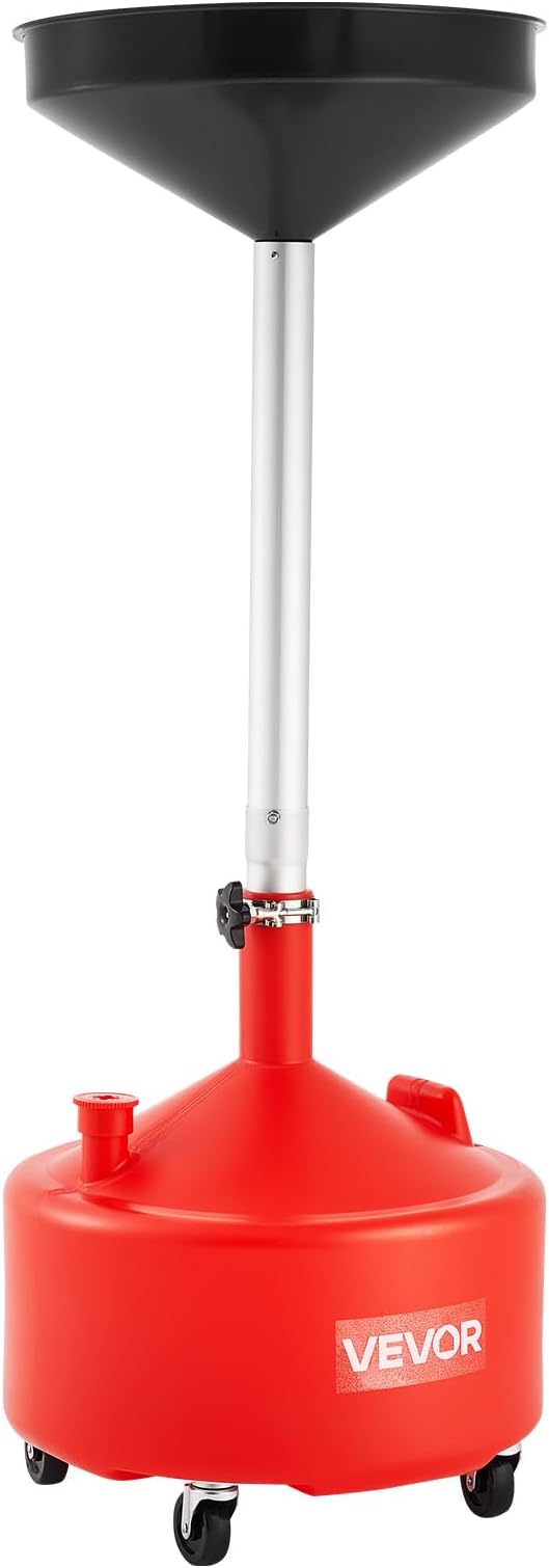 VEVOR 8 Gallon Waste Oil Drain Tank, Industrial Fluid Drain Tank with Adjustable Funnel Height, Portable Oil Drainer with Wheels, Fluid Fuel Transfer Drainage for Auto Repair Shops, Garages, Red