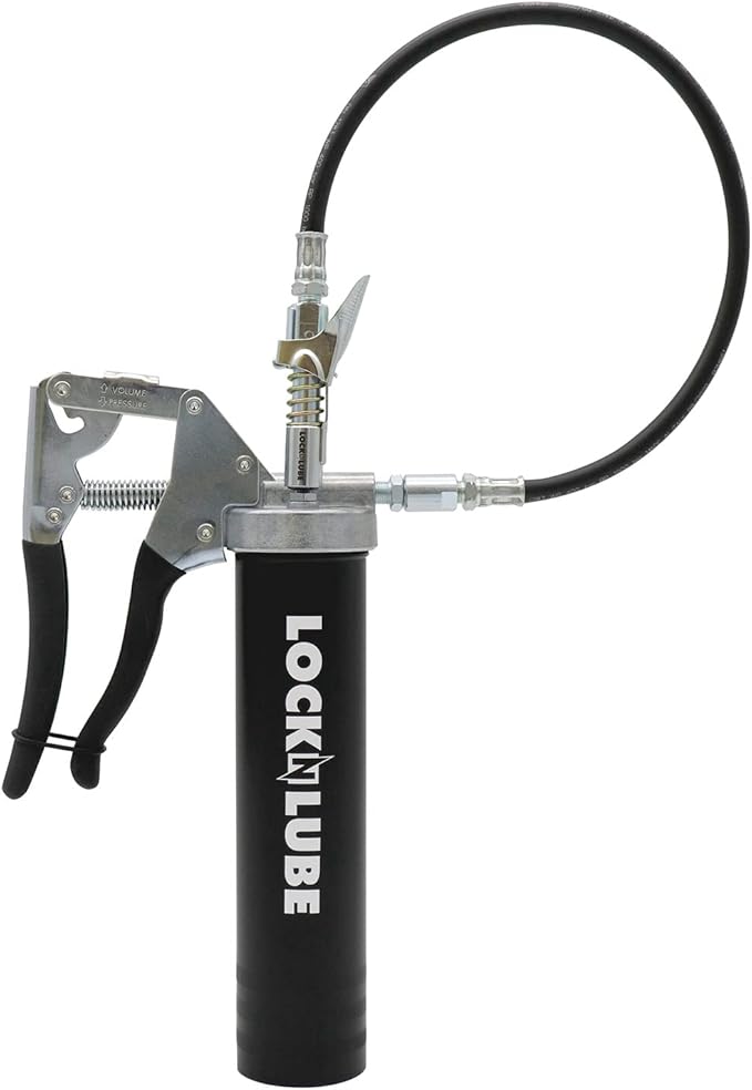 LockNLube Easy-Prime Pistol-Grip Grease Gun. Includes Our Patented Grease Coupler (Locks on, Stays on, Won't Leak!) Plus a 20" Hose and in-line Hose Swivel.