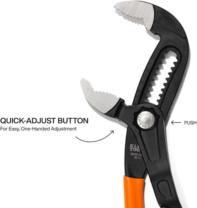 Klein Tools D50510B 10-Inch Adjustable Pliers, Quick-Adjust Klaw Pump Pliers, V-Jaw, Hardened Teeth for Maximum Torque