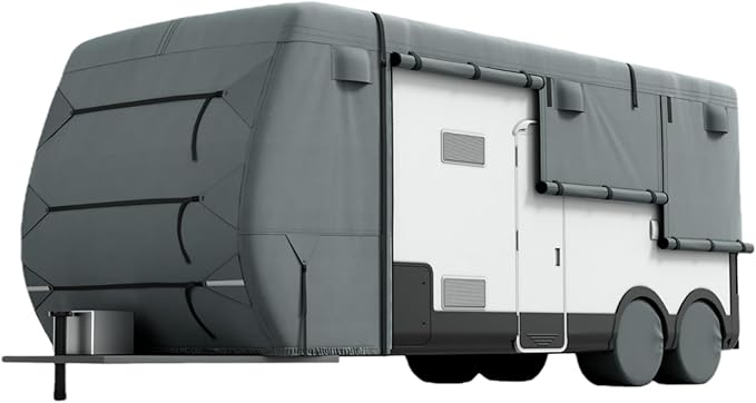 KING BIRD RV Cover, Heavy Duty 5-Layer Snow Protection, Fits 33-35ft Travel Trailers Campers, with Adhesive Repair Patches,Windproof Straps&Tire Covers
