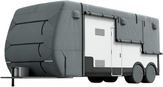 KING BIRD RV Cover, Heavy Duty 5-Layer Snow Protection, Fits 33-35ft Travel Trailers Campers, with Adhesive Repair Patches,Windproof Straps&Tire Covers