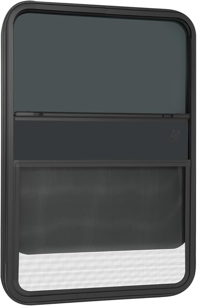 24" W x 36" H RV Window Vertical Sliding, DOT Certified - Shatterproof Tempered Tinted Glass, with Net Screen and Trim Ring, Teardrop Replacement Trailer Camper Window