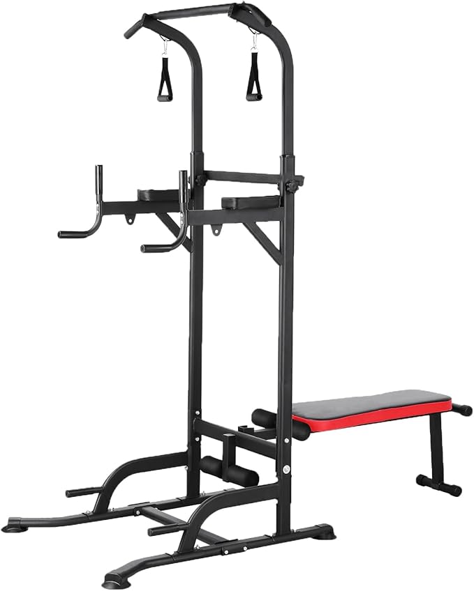 TLSUNNY Power Tower with Bench, Pull Up Bar Dip Station, Power Tower Dip Station, Training Workout Equipment, Height Adjustable Pull Up Tower w/Folding Bench 4 Ropes, Strength Training, Home Gym