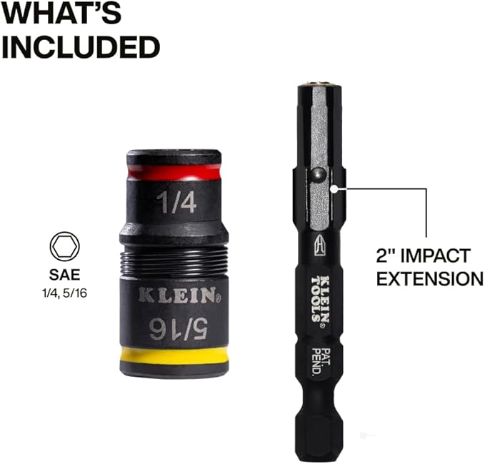 Klein Tools 32931 3-in-1 SAE Impact Socket Set, 1 Flip Socket with 1/4 and 5/16 Nut Driver Sizes and 1/4-Inch Bit Holder, Impact Rated 2-Inch Shaft
