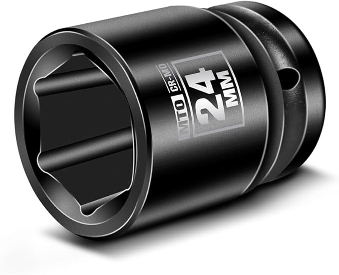 MTO 1/2" Drive 24mm Shallow Impact Socket, 6-Point Metric Socket, CR-MO Steel & Anti-Corrosion Coating for Tight Spaces and Heavy-Duty Tasks