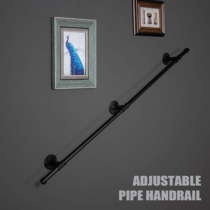 12FT Stair Handrail Industrial Loft Pipe Style for Indoor Stairs, Wall Mounted Stairway Handrail,Basement Stair Railing