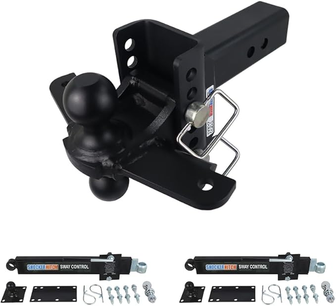 Shocker XR Adjustable Hitch w/Black Combo Ball & Sway Control Towing Kit, Fits 2-1/2" Hitch 8 Hole 2 Sway Arms Fits 2-1/2" Hitch 8 Hole Frame, Has 2 Sway Arms