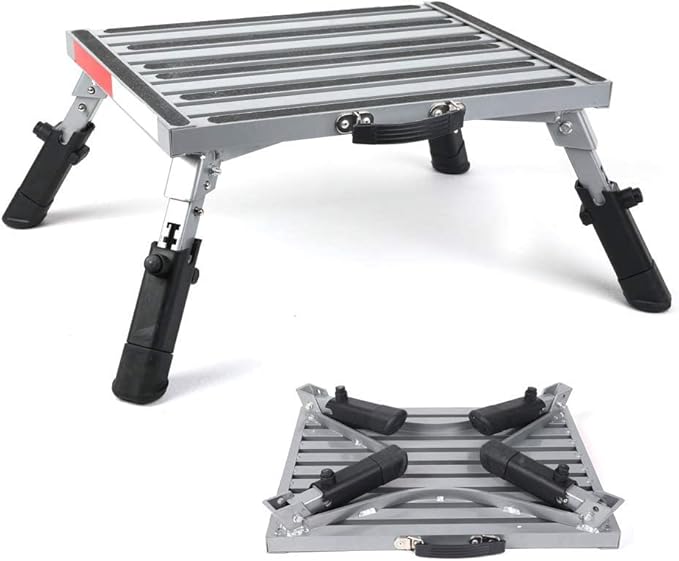 Prime 1 Safety RV Steps Extra Large Platform 19in x 14.5in Extra Size RV Folding Step Stool and Ladder, 600lbs, Height Adjustable, Aluminium with Reflective Stripe, Anti-Slip Surface and Extra Grip