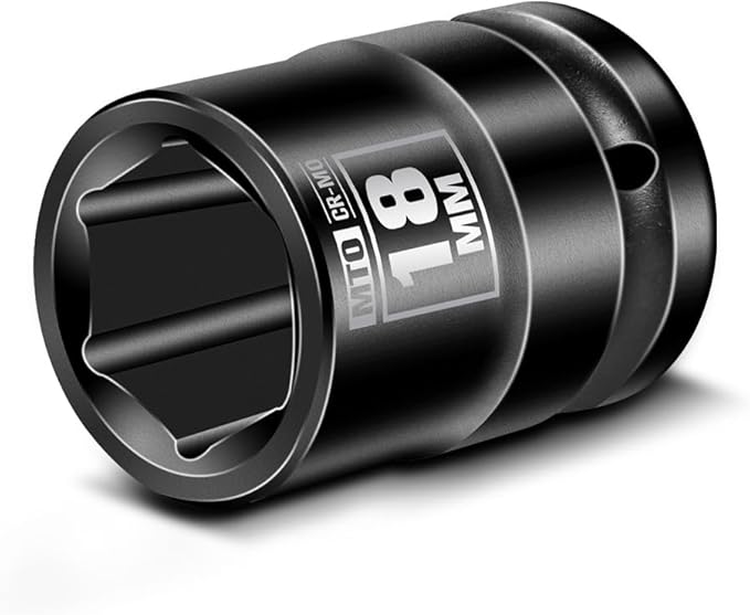 MTO 1/2" Drive 18mm Shallow Impact Socket, 6-Point Metric Socket, CR-MO Steel & Anti-Corrosion Coating for Tight Spaces and Heavy-Duty Tasks