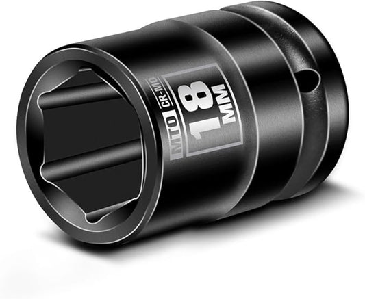 MTO 1/2" Drive 18mm Shallow Impact Socket, 6-Point Metric Socket, CR-MO Steel & Anti-Corrosion Coating for Tight Spaces and Heavy-Duty Tasks