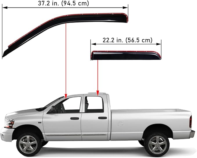 Lightronic Extra Durable Clip-on in-Channel Auto Vent Window Visors, Fits 2002-2008 Dodge Ram 1500, 2003-2009 Ram 2500 & 3500, Quad Cab, UV-Protect Rain Guards, Original Wind Deflector, Smoke, 4-Pcs