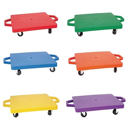 S&S Worldwide 16" Scooters. Set of 6 Different Colored Scooters with Smooth Rolling, Non-Marring 2" Casters. Durable HDPE Plastic Base with Built in Hand Protectors. Perfect for PE Class.