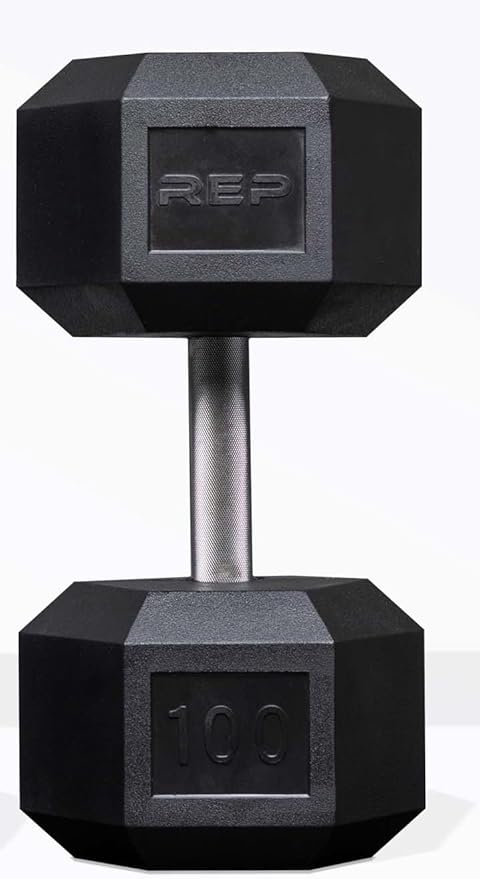 Rep Fitness Rubber Hex Dumbbell(s) - Singles (55LB +) and Pairs (5LB - 50LB) - Low Odor, Fully Knurled Handle