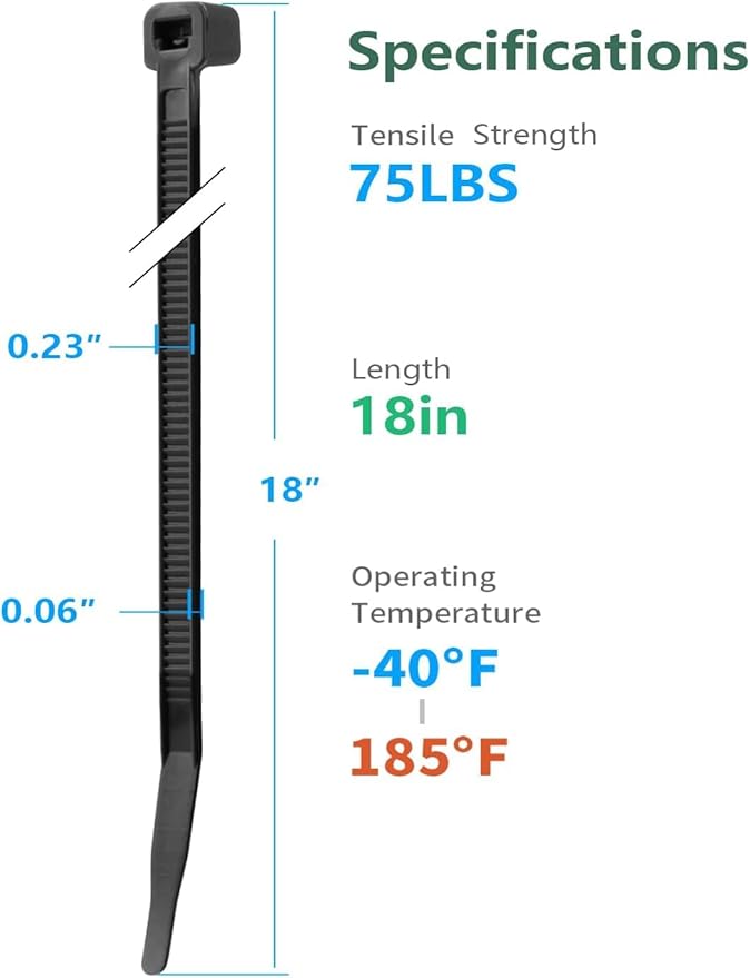 100PCS 18 inch Yellow Zip Ties Heavy Duty, 75LBS Tensile Strength, Self-Locking Heavy Duty UV Resistant Cable Ties for Indoor and Outdoor Use
