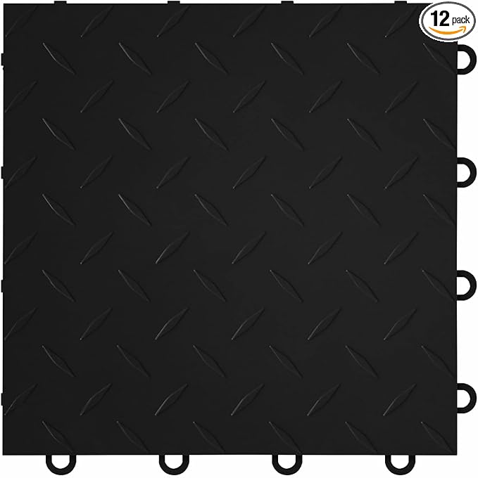 FlooringInc's Nitro 12"x12" Snap-Together Garage Flooring Tiles, Non-Slip Interlocking Plastic Floor Mat, Garage Organization & Storage, Diamond, Midnight Black, 12 Tiles, 12 Sq/Ft