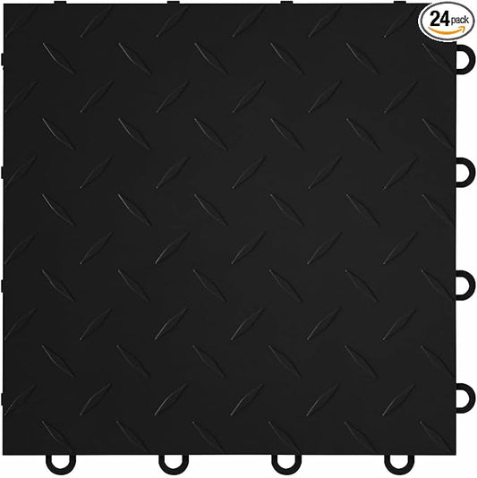 IncStores Nitro Snap-Together Garage Flooring Tiles, 12"x12" Non-Slip Interlocking Plastic Floor Tiles, Garage Organization, Workshops & Trailers, Diamond Pattern (Midnight Black, 24 Tiles (24 Sq/Ft))