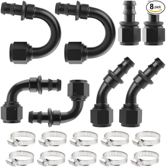 10AN Push Lock Hose Fitting Kit Straight 45 90 180 Degree Elbow Black Ends with Clamps for Rubber Fuel Line, 8PCS