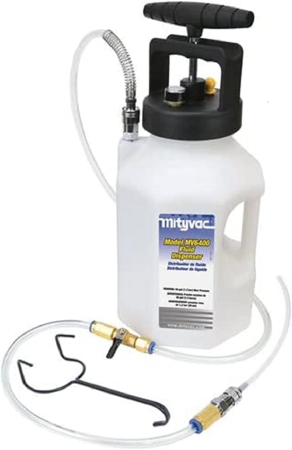 Mityvac MV6400 Fluid Dispensing System for Filling or Topping Fluids, 1.2 Gallon Reservoir, Manual Pump, Pressure Gauge and Relief Valve, Auto-shutoff Valves, 5' Hose with Flow Control Valve