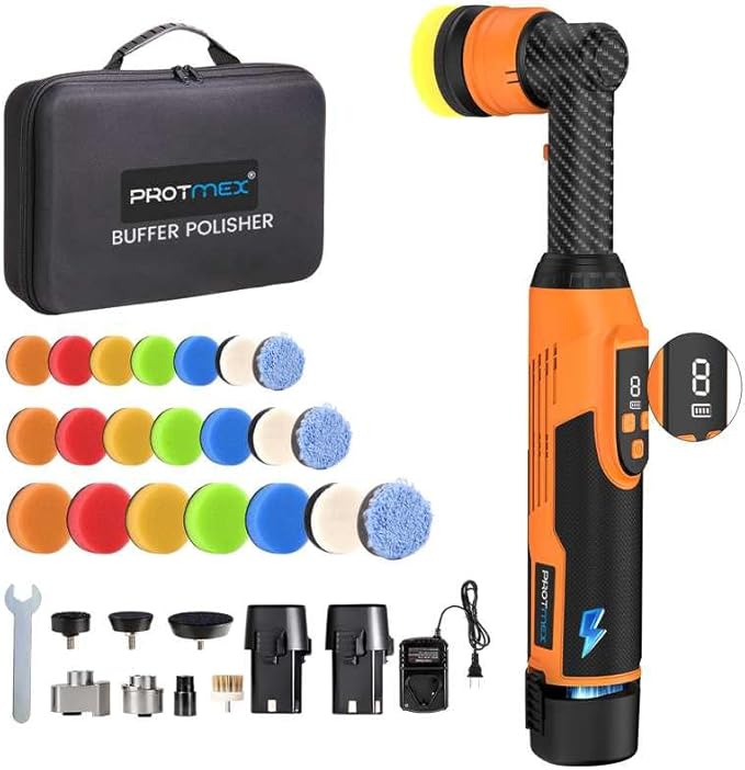 Protmex Cordless Mini Buffer Polisher - 1.2/1.6/2 Inch Car Polisher w/ 8 Variable Speed 2500-6000RPM - RO/DA Car Polishing Machine w/ 22 Pads - Small Polisher for Car Detailing Polishing Waxing, Long