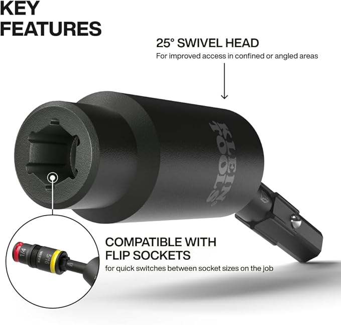 Klein Tools 32980 Flip Socket Swivel Adapter, 25-Degree Swivel Head, Flip Socket Compatible, Impact-Rated