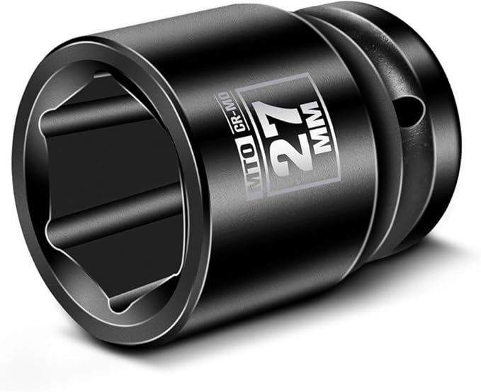 MTO 1/2" Drive 27mm Shallow Impact Socket, 6-Point Metric Socket, CR-MO Steel & Anti-Corrosion Coating for Tight Spaces and Heavy-Duty Tasks